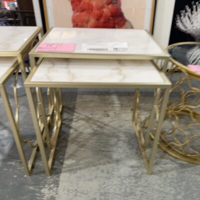 EX STAGING FURNITURE - NEST OF 2 TABLE, GOLD FRAME & STONE TOP, SOLD AS IS