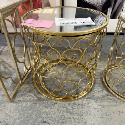 EX STAGING FURNITURE - PAIR OF SIDE TABLE, SMALL & LARGE, GOLD FRAME WITH MIRROR TOP, SOLD AS IS