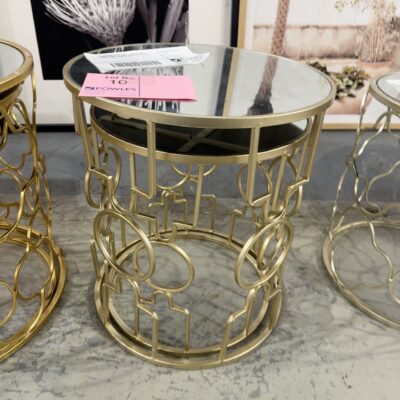 EX STAGING FURNITURE - PAIR OF SIDE TABLE, SMALL & LARGE, GOLD FRAME WITH MIRROR TOP, SOLD AS IS