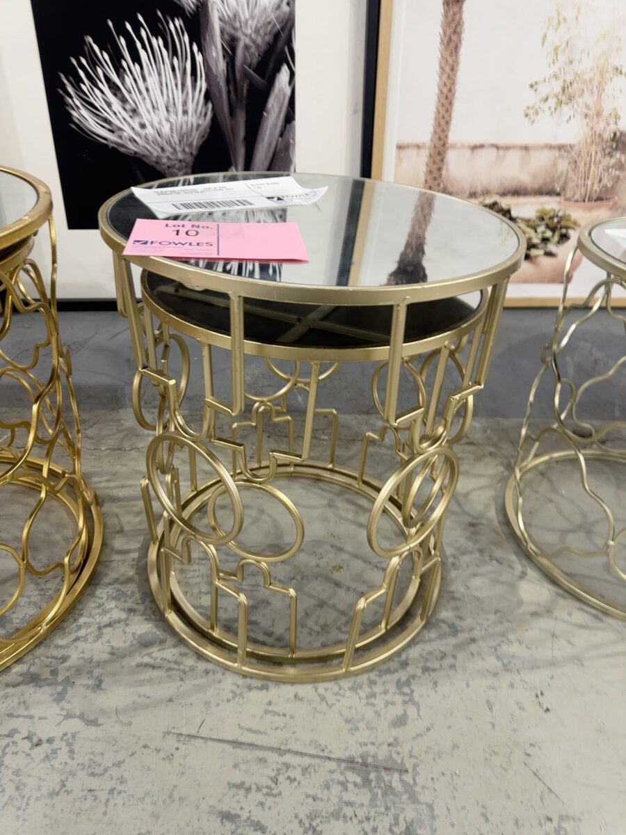 EX STAGING FURNITURE - PAIR OF SIDE TABLE, SMALL & LARGE, GOLD FRAME WITH MIRROR TOP, SOLD AS IS