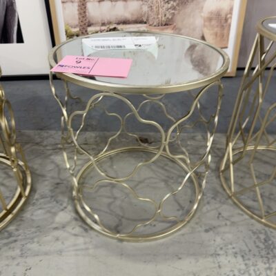 EX STAGING FURNITURE - SIDE TABLE, GOLD FRAME WITH MIRROR TOP, SOLD AS IS