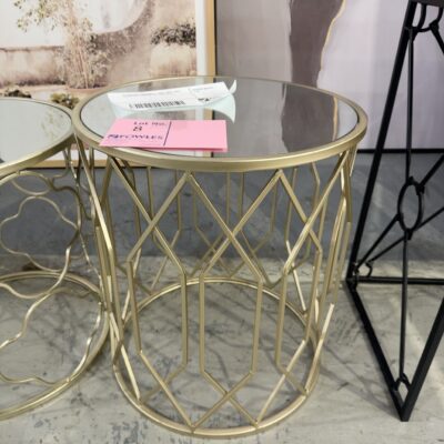 EX STAGING FURNITURE - SIDE TABLE, GOLD FRAME WITH MIRROR TOP, SOLD AS IS