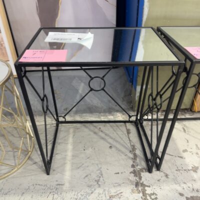 EX STAGING FURNITURE - RECTANGLE SIDE TABLE, BLACK METAL WITH GLASS TOP, SOLD AS IS