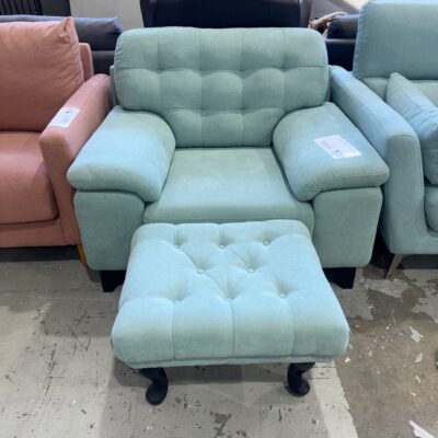 NEW TEAL FABRIC LARGE ARMCHAIR WITH FOOTSTOOL, SOLD AS IS