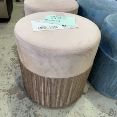 EX HIRE - BLUSH PINK VELVET ROUND OTTOMAN WITH TASSLE FRINGE, SOLD AS IS