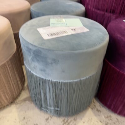 EX HIRE - BLUE VELVET ROUND OTTOMAN WITH TASSLE FRINGE, SOLD AS IS