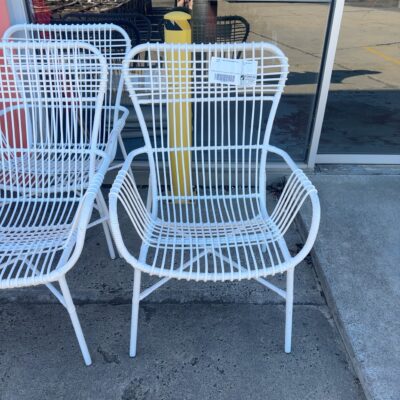 EX HIRE - WHITE PU CANE ARMCHAIR, SOLD AS IS