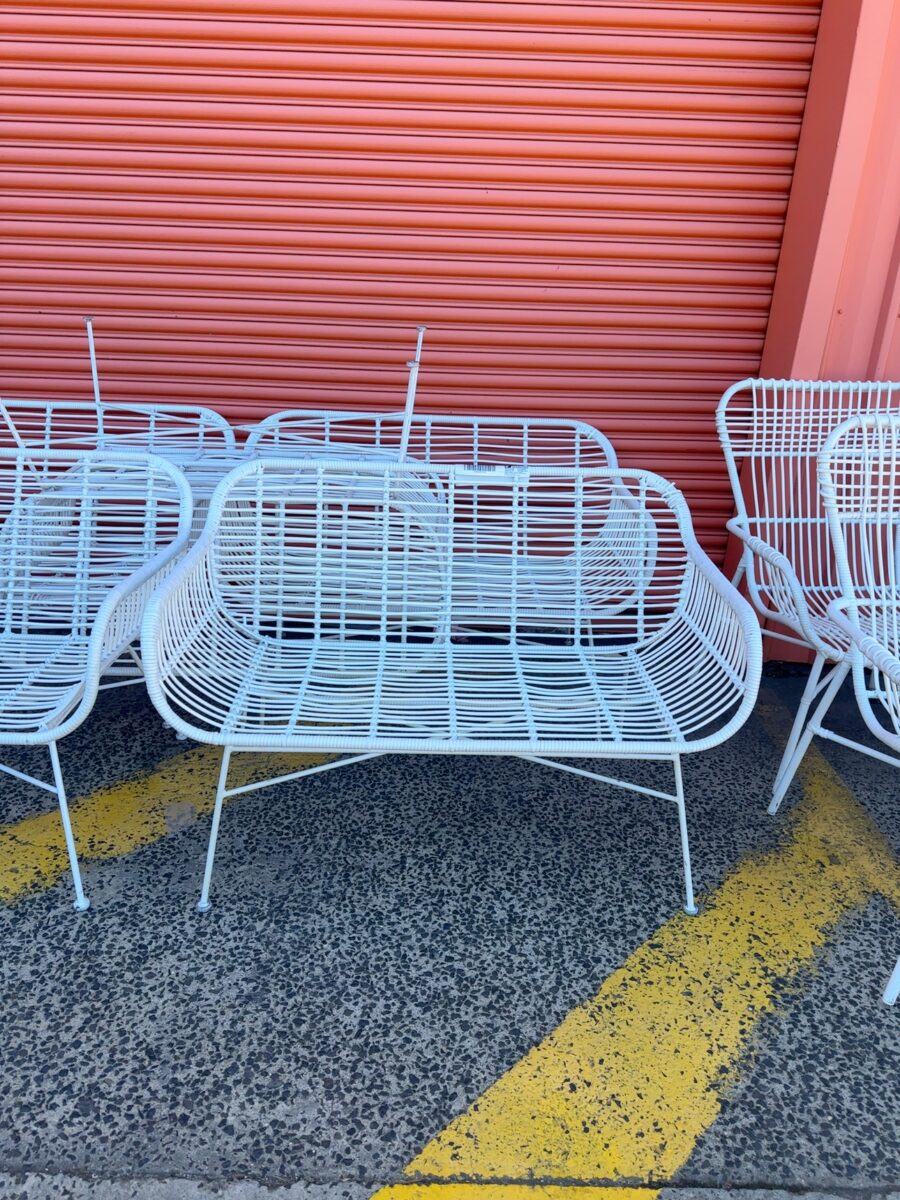 EX HIRE - WHITE PU CANE SMALL COUCH, SOLD AS IS