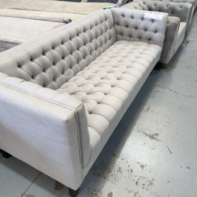 EX STAGING - BLUE LINEN BUTTON UPHOLSTERED 3 SEATER SOFA, SOLD AS IS