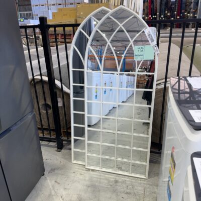 EX STAGING - PAIR OF CURVED CATHEDRAL METAL TALL MIRRORS, SOLD AS IS