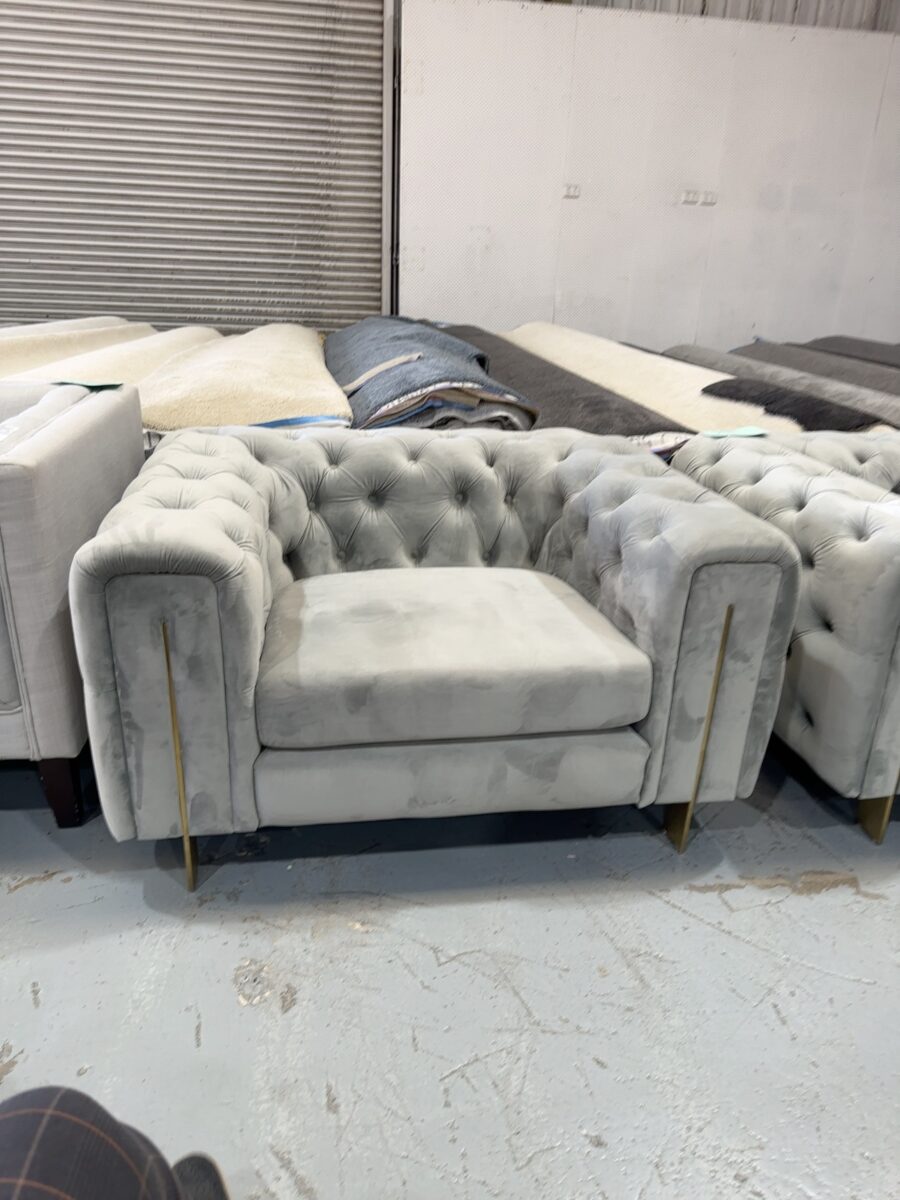 EX STAGING - BLUE VELVET BUTTON UPHOLSTERED OVERSIZE ARMCHAIR, SOLD AS IS