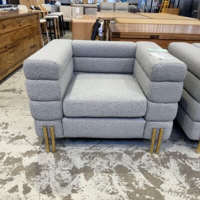 EX STAGING - LARGE GREY BOUCLE OVERSIZE ARMCHAIRS, SOLD AS IS