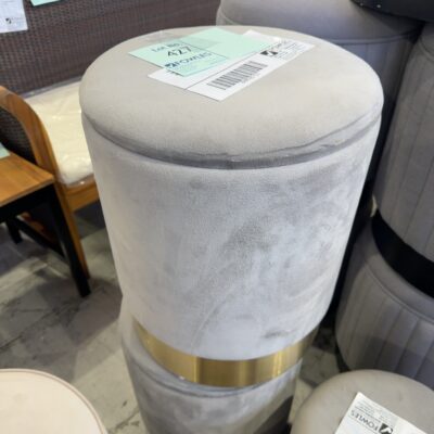 EX STAGING - GREY VELVET FOOTSTOOL WITH REMOVABLE LID FOR STORAGE, GOLD BASE, SOLD AS IS