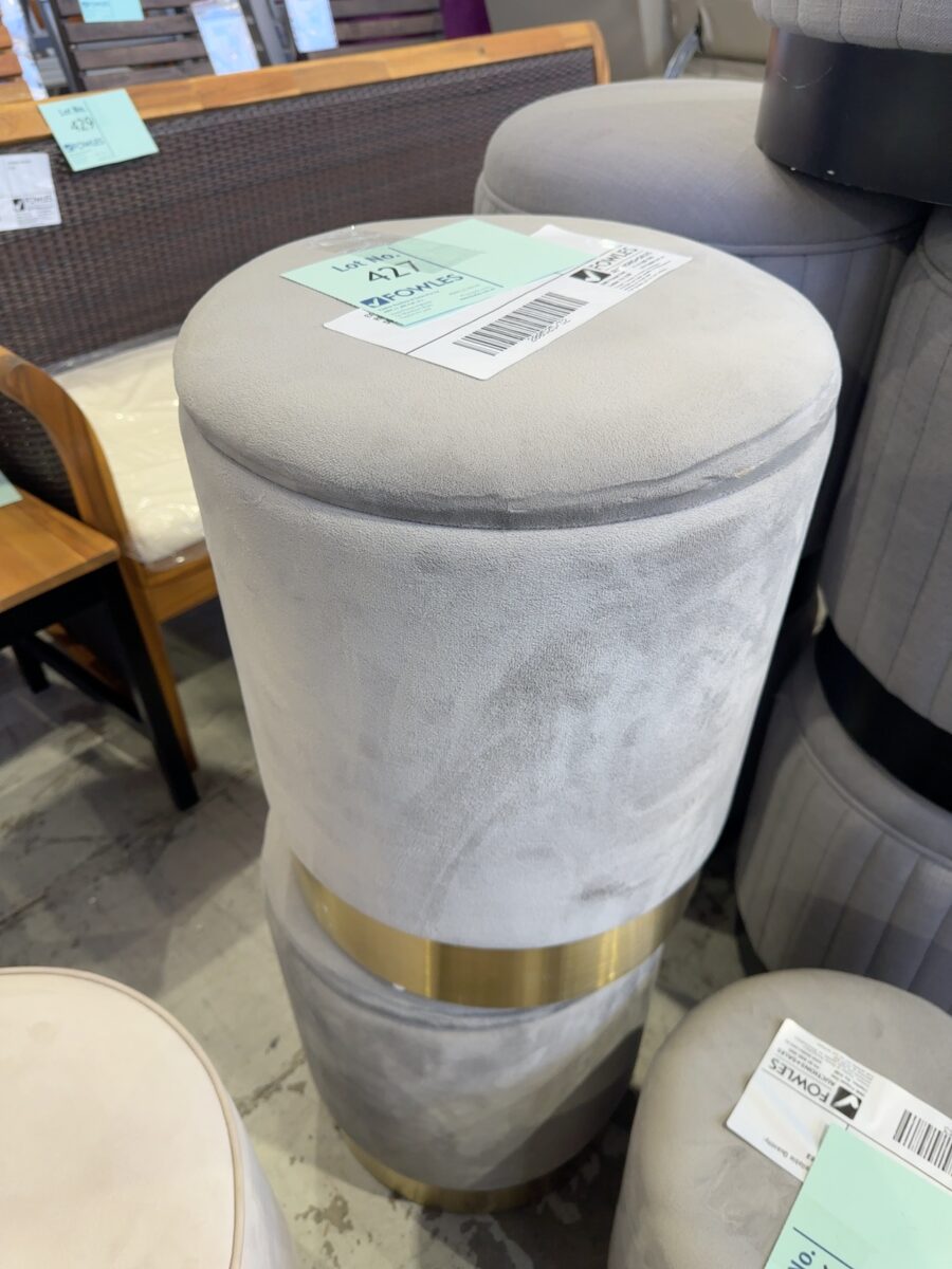 EX STAGING - GREY VELVET FOOTSTOOL WITH REMOVABLE LID FOR STORAGE, GOLD BASE, SOLD AS IS
