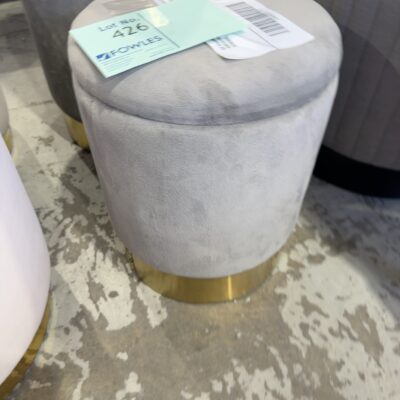 EX STAGING - SMALL GREY VELVET FOOTSTOOL WITH REMOVABLE LID FOR STORAGE, GOLD BASE, SOLD AS IS