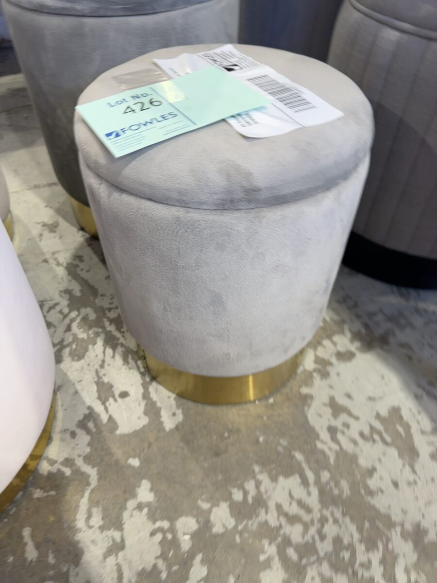 EX STAGING - SMALL GREY VELVET FOOTSTOOL WITH REMOVABLE LID FOR STORAGE, GOLD BASE, SOLD AS IS