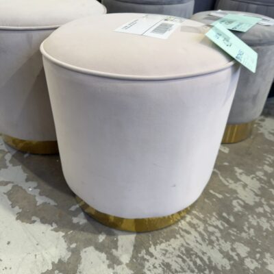 EX STAGING - BEIGE VELVET FOOTSTOOL WITH GOLD BASE, SOLD AS IS