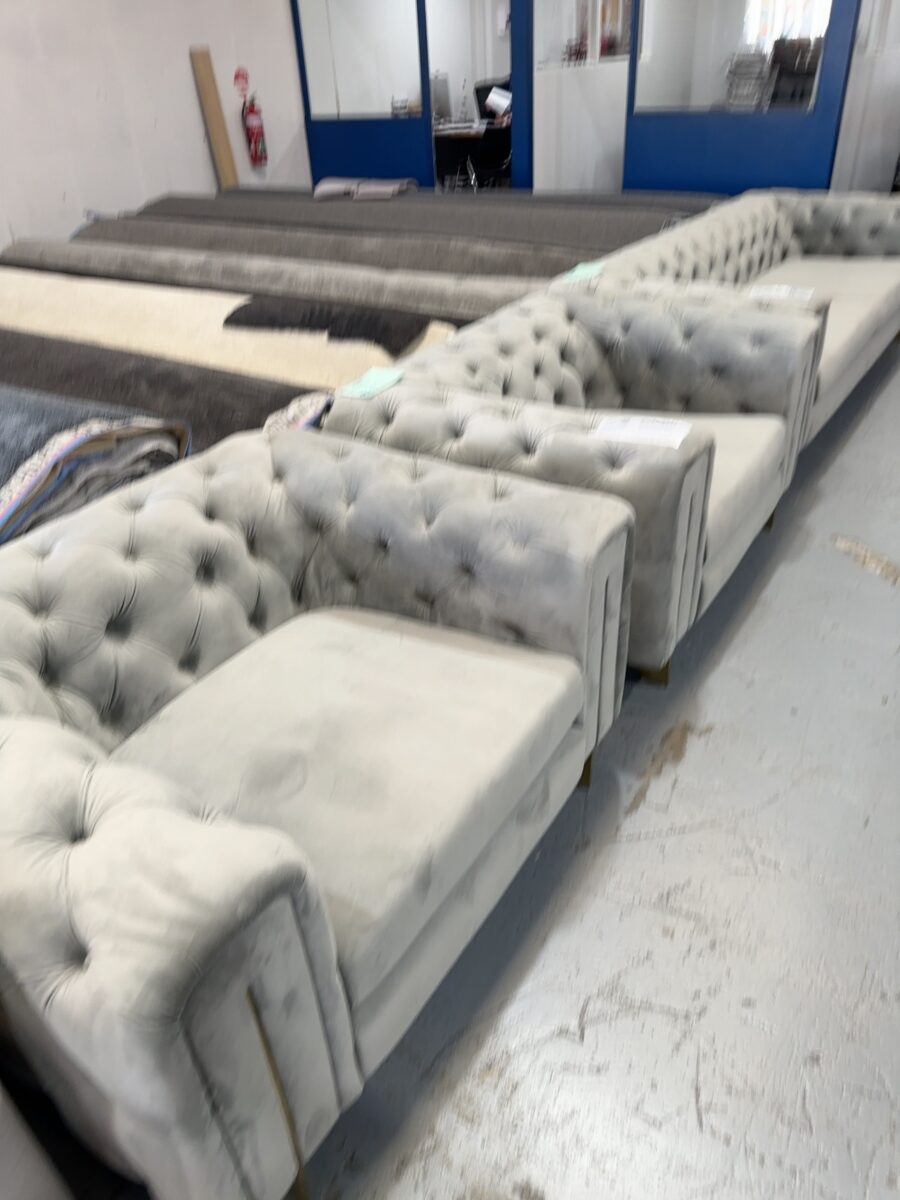 EX STAGING - BLUE VELVET BUTTON UPHOLSTERED OVERSIZE ARMCHAIR, SOLD AS IS