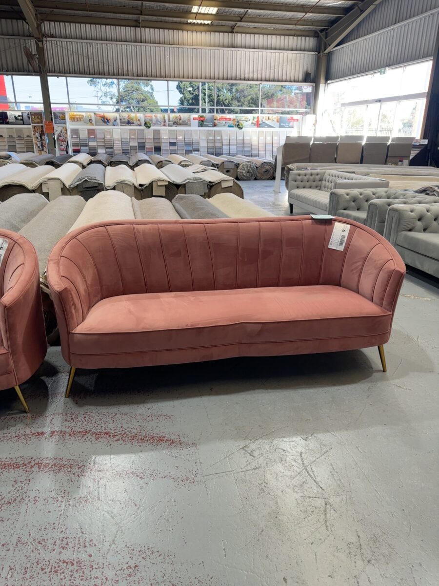 EX STAGING - PINK VELVET 3 SEATER COUCH SOLD AS IS