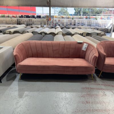 EX STAGING - PINK VELVET 3 SEATER COUCH SOLD AS IS