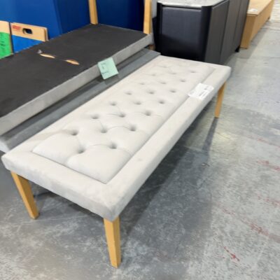 EX STAGING - LIGHT BLUE VELVET BUTTON UPHOLSTERED RECTANGLE END OF BED OTTOMAN, SOLD AS IS
