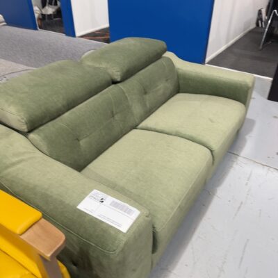 BRAND NEW GREEN VELVET 2 SEATER COUCH WITH ADJUSTABLE HEADREST, SOLD AS IS