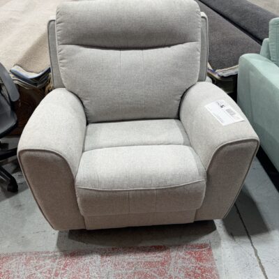 BRAND NEW GREY MATERIAL ARMCHAIR WITH ELECTRIC RECLINER, SOLD AS IS