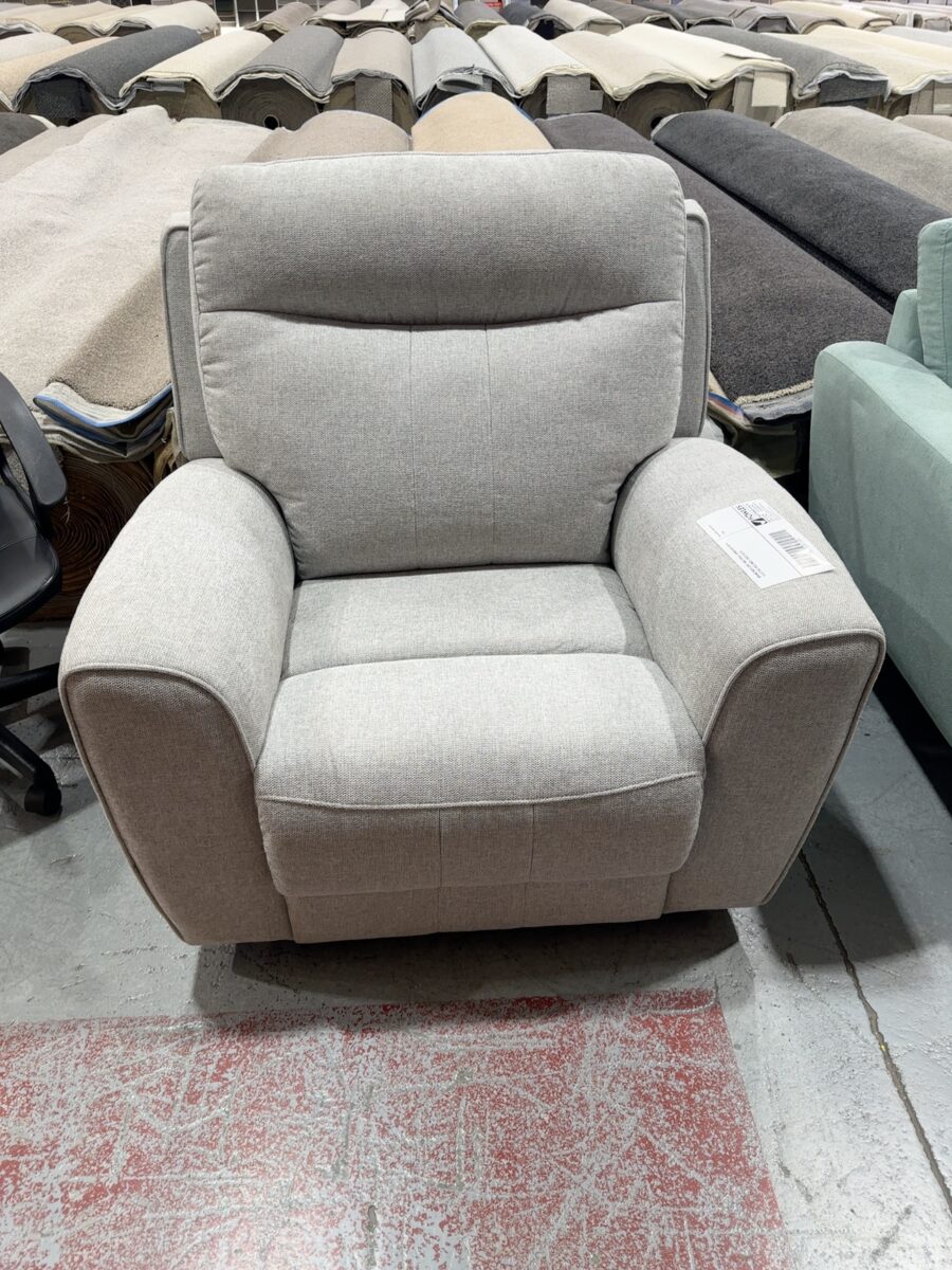 BRAND NEW GREY MATERIAL ARMCHAIR WITH ELECTRIC RECLINER, SOLD AS IS