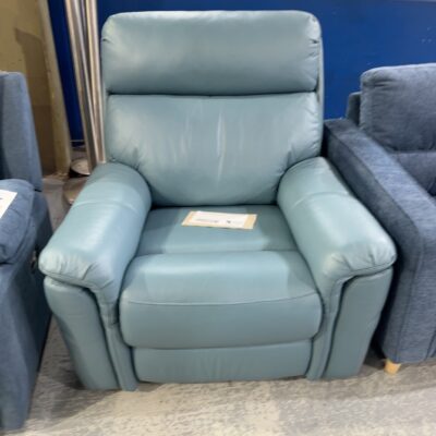 BRAND NEW BLUE THICK LEATHER ARMCHAIR WITH ELECTRIC RECLINER, SOLD AS IS
