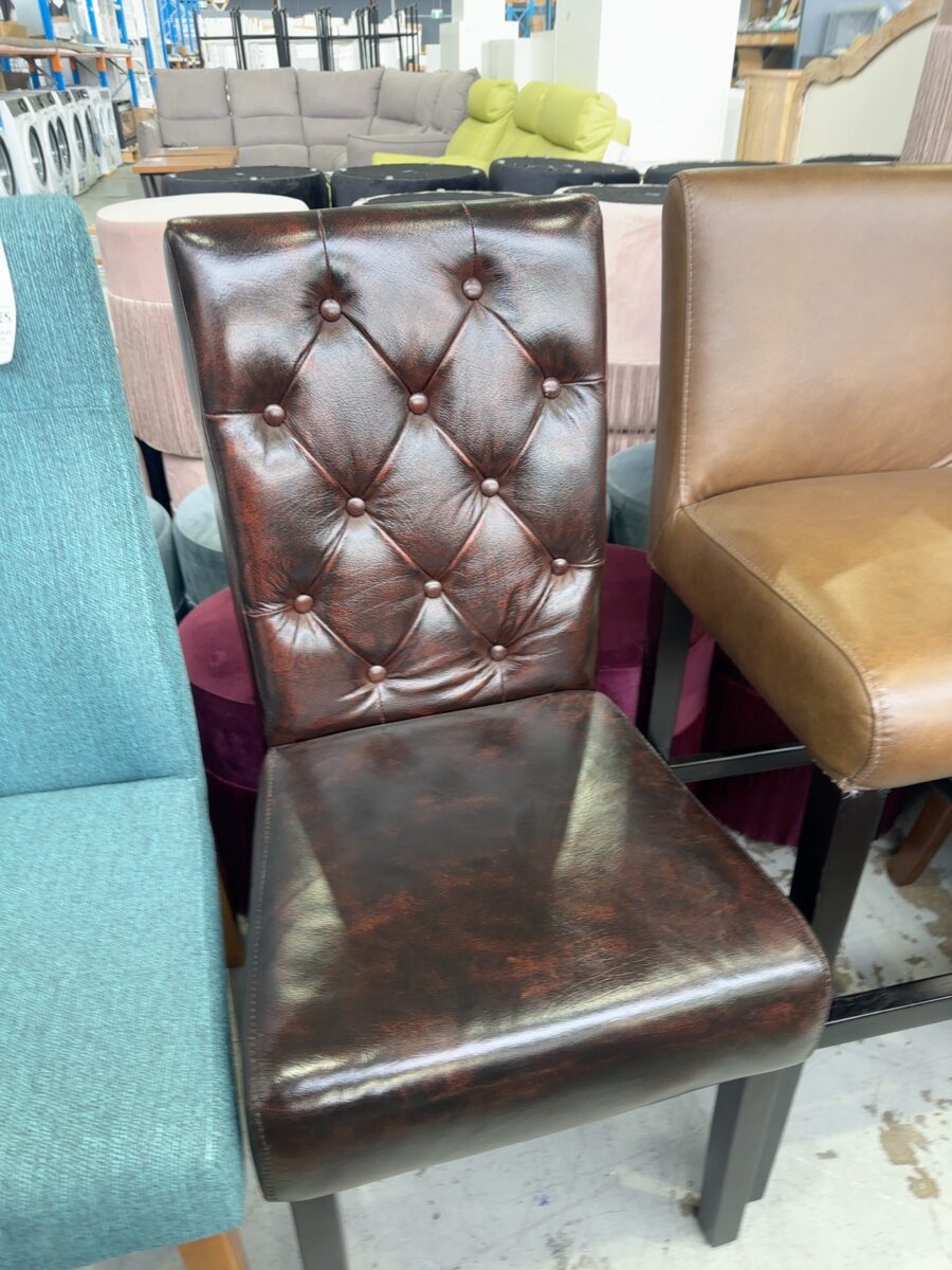 BRAND NEW BROWN LEATHER DINING CHAIR, SOLD AS IS