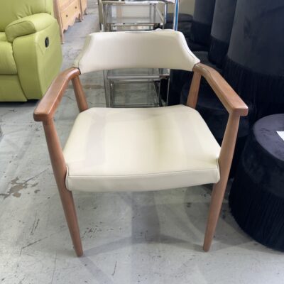 BRAND NEW CREAM LEATHER & TIMBER DINING CHAIR, SOLD AS IS