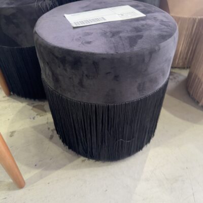 EX HIRE BLACK VELVET FRINGED OTTOMAN SOLD AS IS