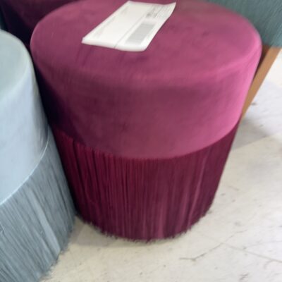 EX HIRE PLUM VELVET FRINGED OTTOMAN SOLD AS IS