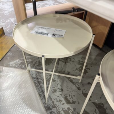 EX STAGING FURNITURE - CREAM METAL ROUND SIDE TABLE, SOLD AS IS