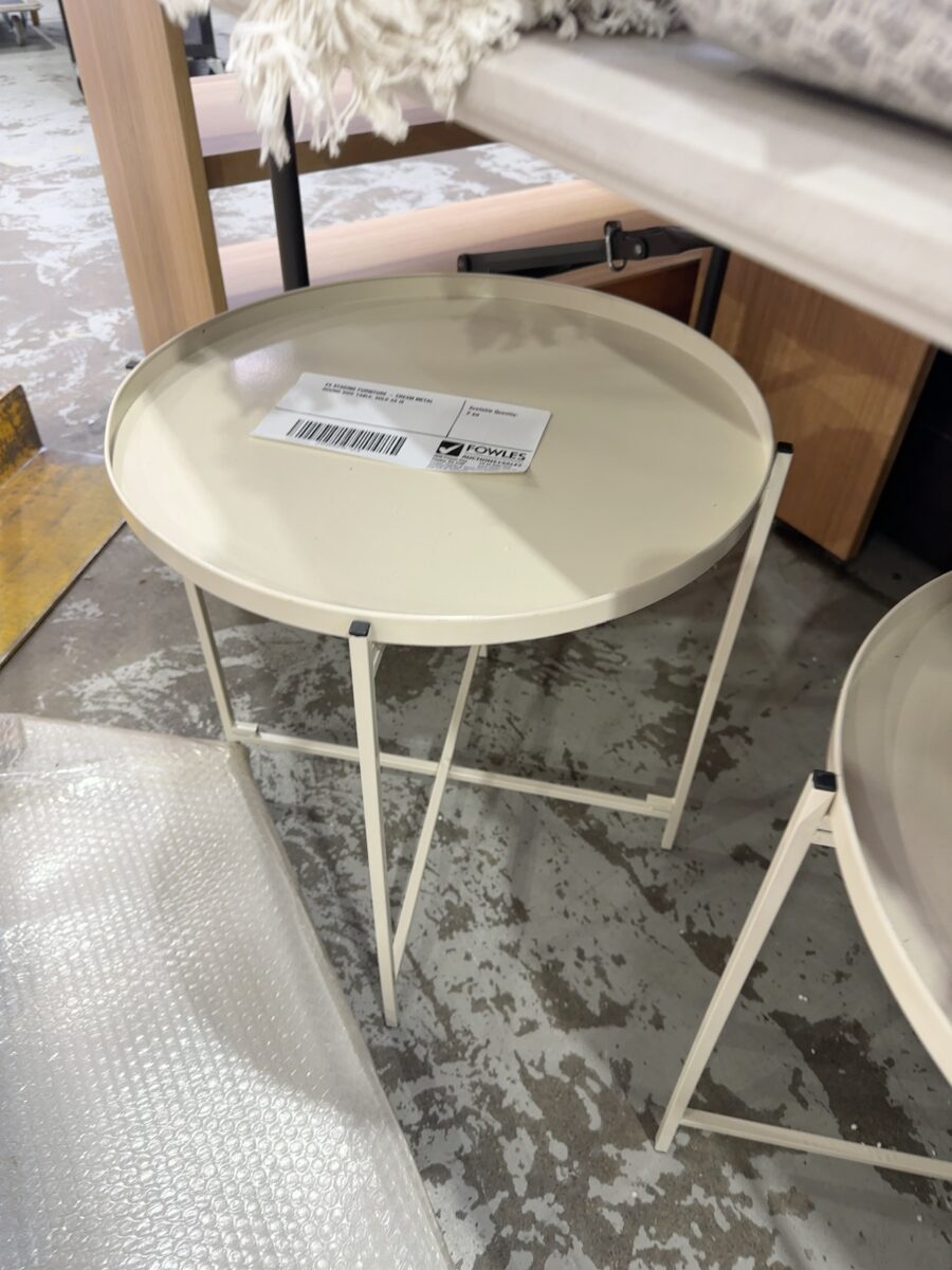 EX STAGING FURNITURE - CREAM METAL ROUND SIDE TABLE, SOLD AS IS