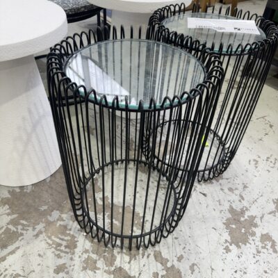 EX STAGING FURNITURE - BLACK METAL SIDE TABLE WITH GLASS TOP SOLD AS IS