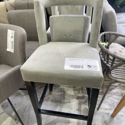EX STAGING FURNITURE - GREY VELVET BAR STOOL, BLACK LEGS, SOME CHIPS & MARKS IN LEGS, SOLD AS IS