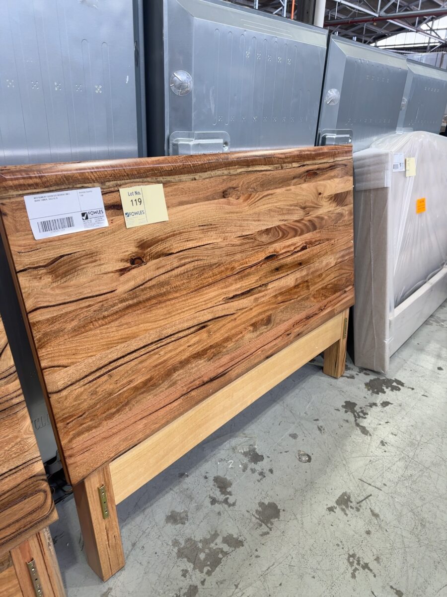 NEW BUNBURY QUEEN SIZE BEDHEAD ONLY, MARRI TIMBER, SOLD AS IS