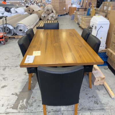 NEW TIMBER DINING TABLE WITH 6 LEATHER DINING CHAIRS, SOLD AS IS