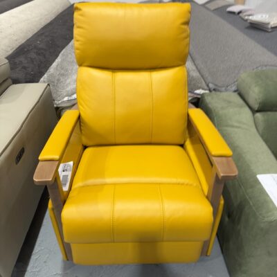 NEW YELLOW THICK LEATHER MANUAL LEVER RECLINER WITH TIMBER ARMS