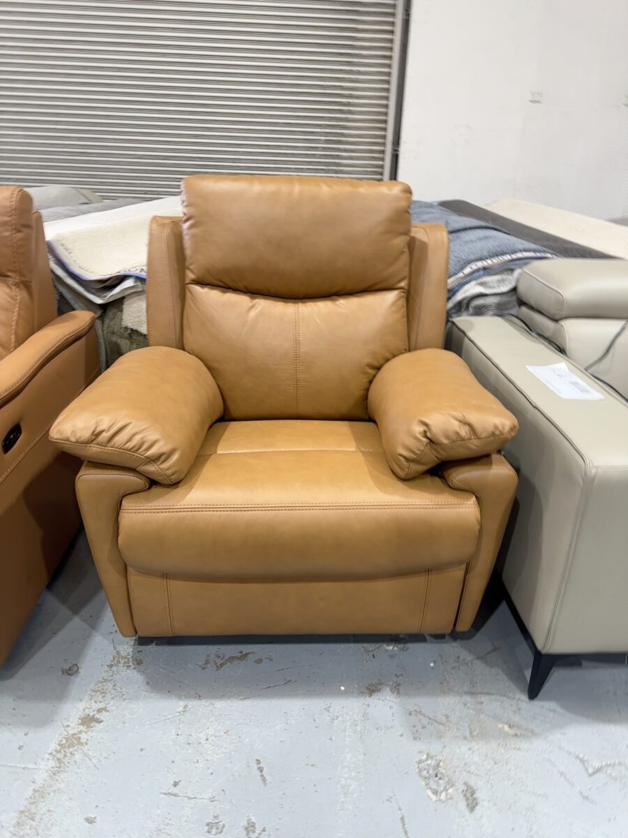 NEW TAN THICK LEATHER SWIVEL ROCKING ARM CHAIR WITH MANUAL RECLINER