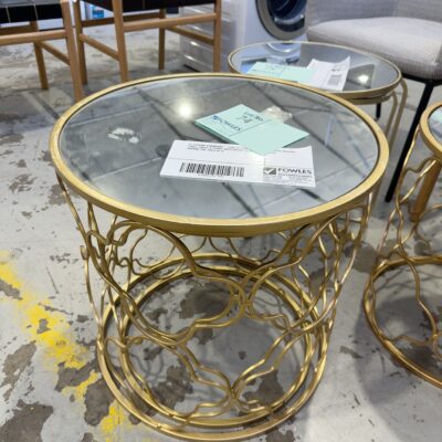 EX STAGING FURNITURE - PAIR OF SIDE TABLE, SMALL & LARGE, GOLD FRAME WITH MIRROR TOP, SOLD AS IS