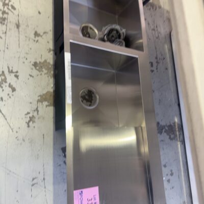EX DISPLAY SQUARELINE DOUBLE SINK WITH DRAINER, REVERSIBLE, WITH DRAINER, SOLD AS IS - DENTED STOCK