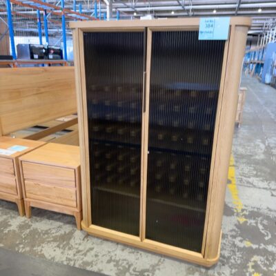 EX DISPLAY ASTON WINE CABINET, AMERICAN OAK, WITH DARK FLUTED GLASS DOORS, RRP$3499 SOLD AS IS