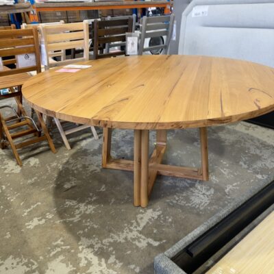 EX DISPLAY BILBAO 1600MM ROUND DINING TABLE, WORMY CHESTNUT, CROSS LEG BASE  RRP99 *CRACK ON EDGE SOLD AS IS*