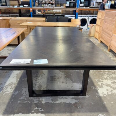 EX DISPLAY ADLEY DINING TABLE, 2500MM, JAPAN BLACK, HERRINGBONE RRP$1899 SOLD AS IS