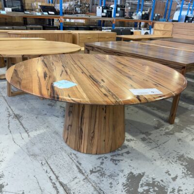 EX DISPLAY JINDALEE 1600MM MARRI TIMBER ROUND DINING TABLE WITH PEDESTAL BASE RRP$2999 SOLD AS IS