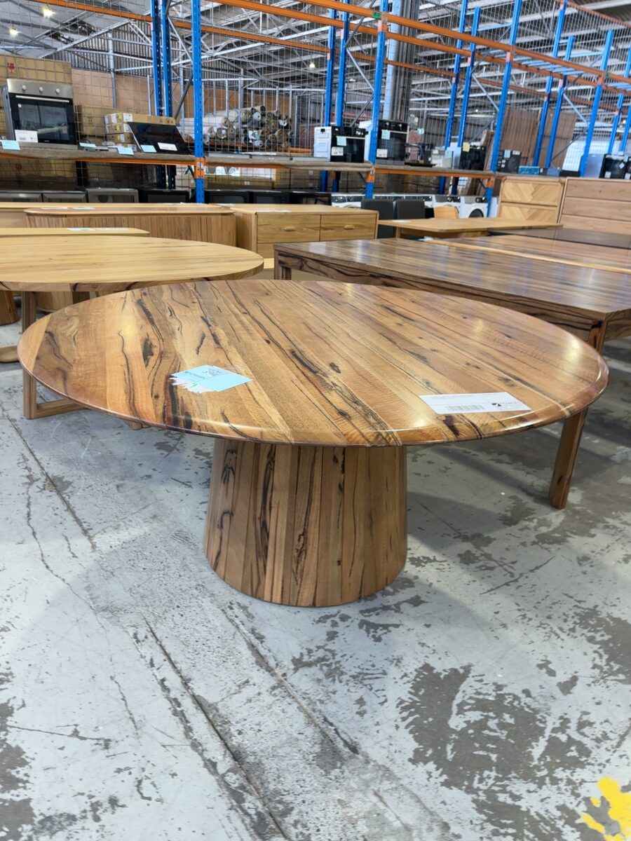 EX DISPLAY JINDALEE 1600MM MARRI TIMBER ROUND DINING TABLE WITH PEDESTAL BASE RRP$2999 SOLD AS IS