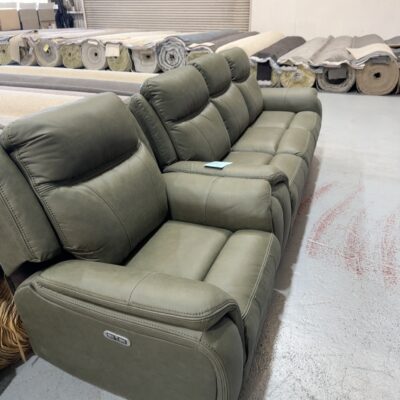 EX DISPLAY MASON 3 SEATER SOFA & SINGLE ARM CHAIR, WITH ELECTRIC RECLINERS AND WITH POWER HEADRESTS, MOSS FABRIC, BUILT IN USB & USB-C PORTS, PLUSH FOAM, SOLD AS IS