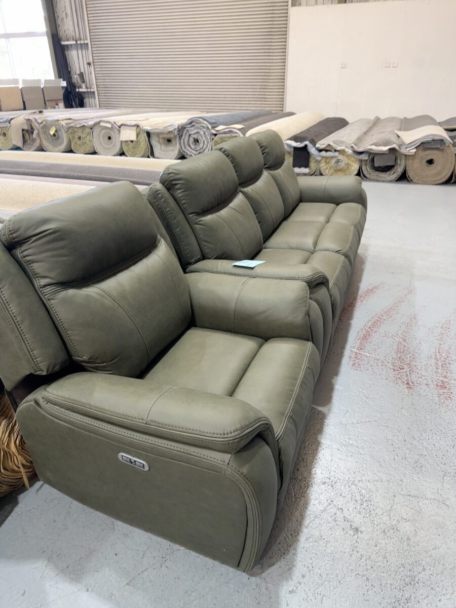 EX DISPLAY MASON 3 SEATER SOFA & SINGLE ARM CHAIR, WITH ELECTRIC RECLINERS AND WITH POWER HEADRESTS, MOSS FABRIC, BUILT IN USB & USB-C PORTS, PLUSH FOAM, SOLD AS IS
